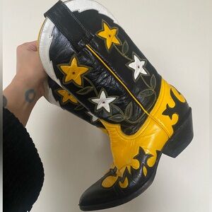 Rare black and yellow vintage Montana cowboy boots with floral details